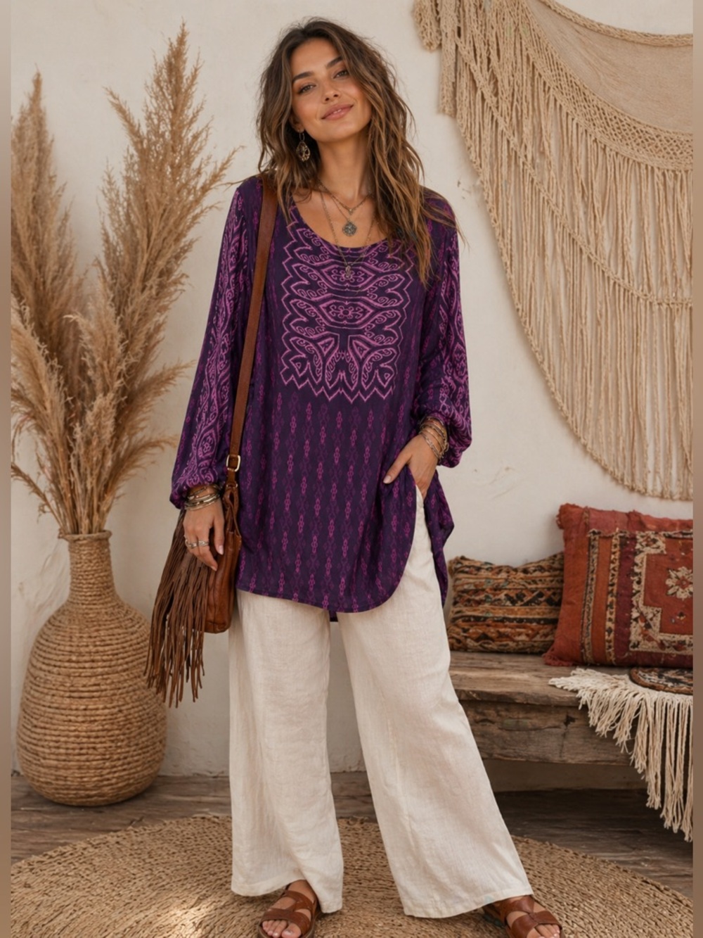 Bob Mackie Wearable Art Purple Print Long Sleeve Tunic Blouse Size Large